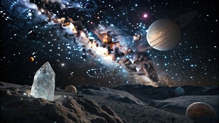 Fototapeta premium Cosmic landscape featuring a giant crystal nestled within a sea of stars and planets, cosmic dust, asteroids, cosmic landscape