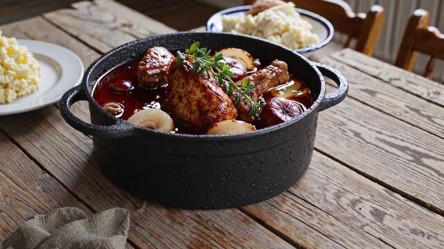 A rustic cast-iron pot filled with coq au vin sits on a wooden farmhouse table, its rich, deep-red wine sauce simmering around tender, slow-braised chicken pieces.