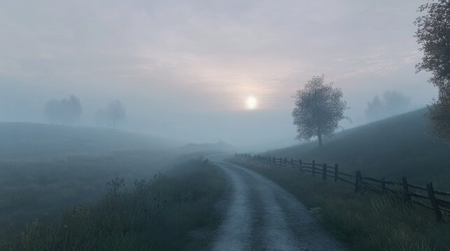 Dirt Road with Fence in Fog