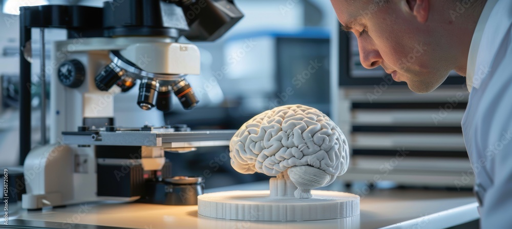 Poster scientist examines 3d printed brain model in advanced laboratory setting for research purposes