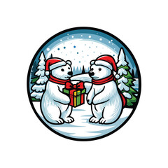 Two adorable polar bears playfully wearing Santa hats and festive scarves amidst a snowy Arctic scene.