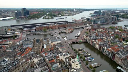 Beautiful aerial cinematic footage of the Amsterdam Centraal Train Station  A historic hub with canals, bikes, cafes, and stunning city views all around Amsterdam