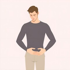 Illustration of a young man holding his stomach in discomfort showing abdominal pain symptoms