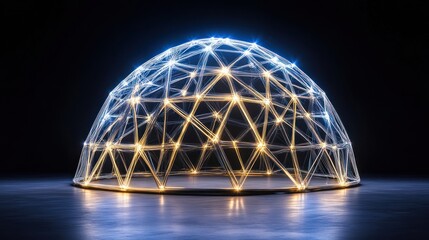 Illuminated geodesic dome structure, glowing network.