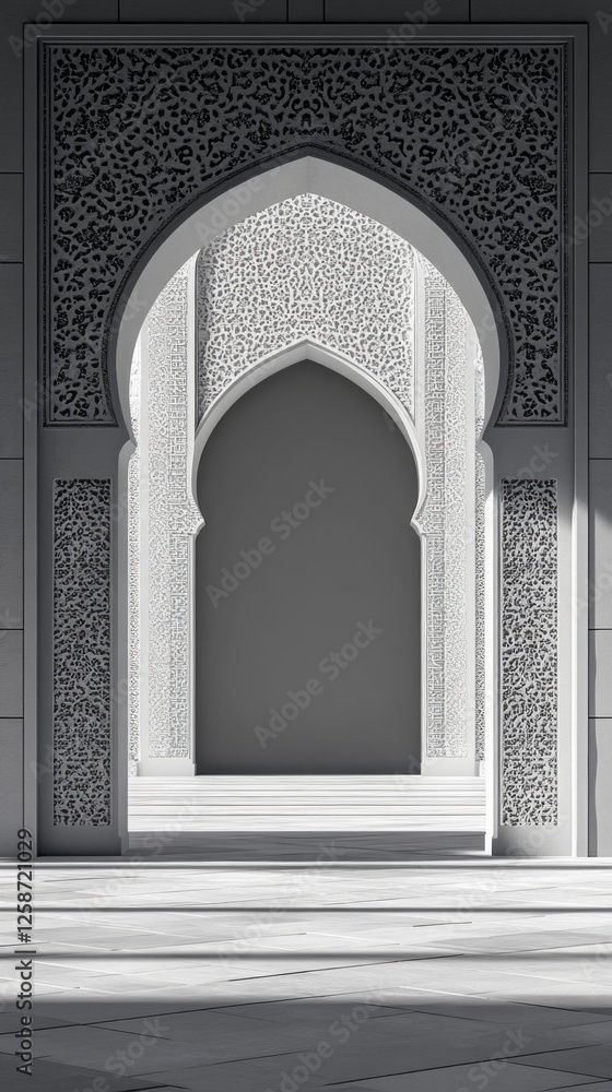 Poster intricate patterns adorn the gray walls of a calm mosque interior, where natural light pours through