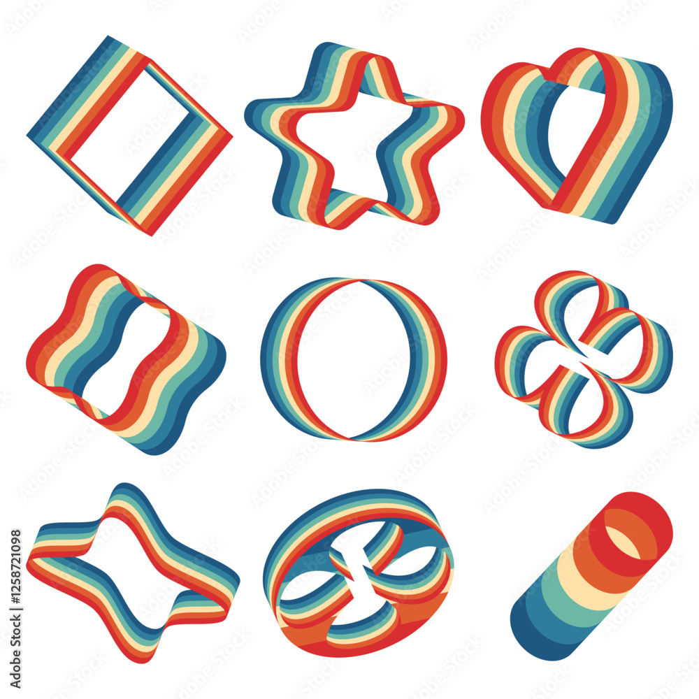 Aufkleber set of abstract geometric shapes with a retro rainbow color scheme.3d dynamic and modern visual effe