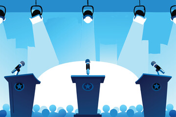 Design a vibrant vector background illustrating a public speaking event, featuring multiple microphones on a stage.  Include an audience subtly in the background.