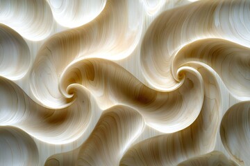 Abstract Swirling Wood Carving Natural Light Textured Wooden Panel Spiral Design Cream Tones 3D