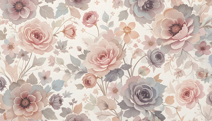 Watercolor Floral Pattern with Pink Purple Roses and Gray Leaves