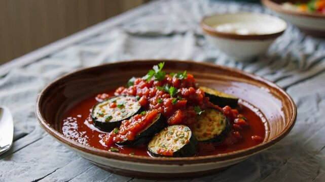 A beautifully plated dish of Turkish şakşuka sits in a rustic ceramic bowl, its vibrant mix of golden fried eggplant, zucchini, and bell peppers coated in a rich, garlicky tomato sauce. 