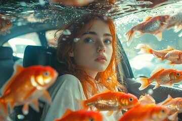 Enigmatic Redhead Woman Surrounded by Goldfish in a Submerged Car