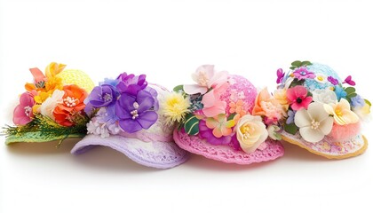 Three elegantly adorned hats featuring floral designs are neatly arranged on a pristine white surface, showcasing their intricate details and vibrant colors.