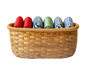 Colorful dinner napkins in a wicker basket.
