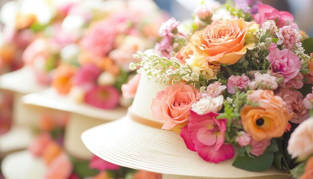 A vibrant display showcases an array of hats adorned with colorful flowers, highlighting decorative fashion and seasonal trends.
