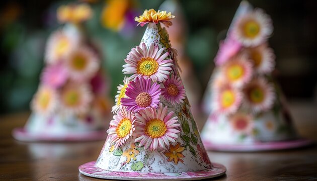 Colorful paper party hats adorned with floral designs are arranged on a table, perfect for festive celebrations and cheerful gatherings.