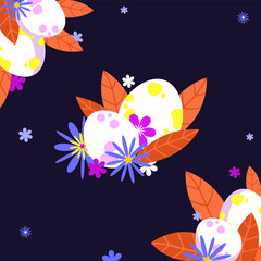 Decorative Easter eggs with flowers and leaves composition.Spring holiday design with decorated Easter eggs perfect for greeting cards,invitations,posters, and seasonal decorations.Vector illustration