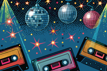 Vibrant 80s retro party background featuring neon lights, geometric shapes, and synthwave-inspired color palettes. Ideal for invitations, posters, or social media.