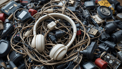 White Headphones in a Tangled Pile of Brown Cables and Electroni