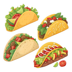 set of Mexican tacos food illustration on white background