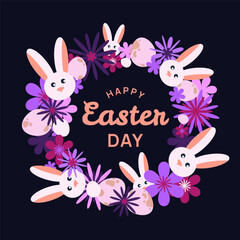 Holiday Easter wreath frame with adorable bunny, eggs, and vibrant flowers .The playful composition for Easter greeting cards, invitations, posters, and holiday themed designs.Vector illustration