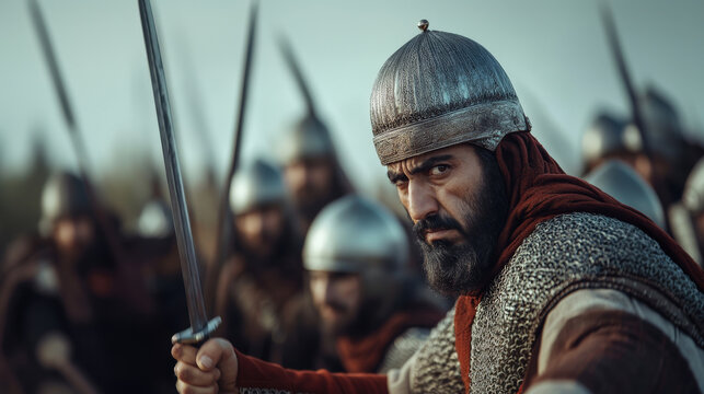 Arabic islamic muslim soldier warrior in armor fighting in medieval holy war islam crusade