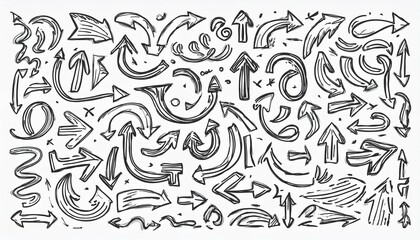 Arrow vector hand drawn sketch icon set. Doodle sketch hand drawn direction element set. Pencil doodle flat line design cartoon elements. Scribble swirl arrow sign. perfect any project.