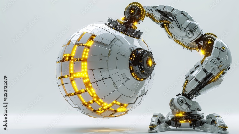Poster a detailed robotic arm with glowing accents handling a spherical mechanism, representing advanced ro