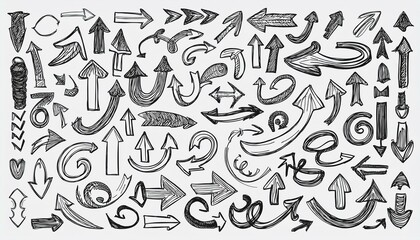 Obraz premium Arrow vector hand drawn sketch icon set. Doodle sketch hand drawn direction element set. Pencil doodle flat line design cartoon elements. Scribble swirl arrow sign. perfect any project.