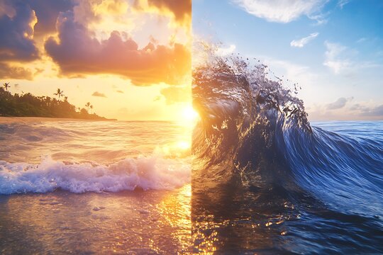 Split-screen: calm sea on the left, raging waves on the right, overlaid statistics.