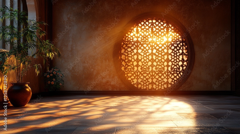 Poster soft golden light filters through a beautifully carved window, casting intricate shadows on the text
