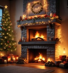 Cozy winter scene with a burning fireplace and Christmas lights, snowflake, evergreen, red