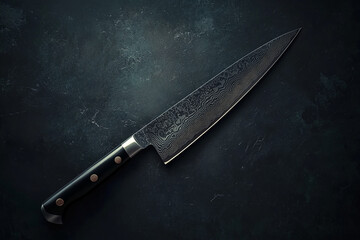 Damascus chef knife, dark background, kitchen tool, cooking