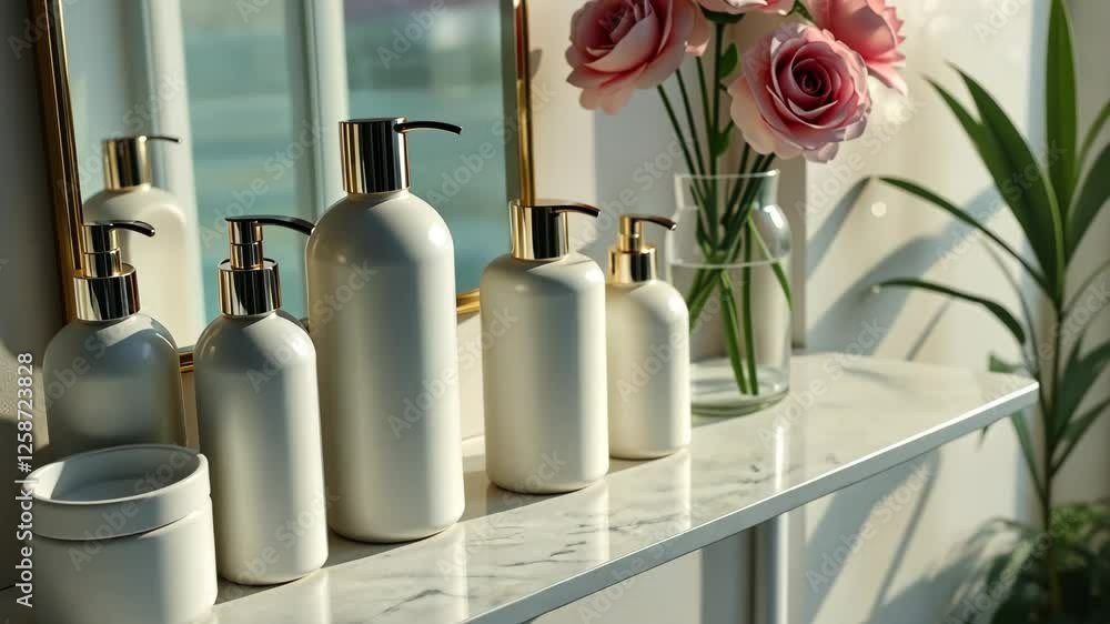 Poster A row of white bottles with gold tops sit on a shelf. A vase of pink roses sits on the shelf next to the bottles