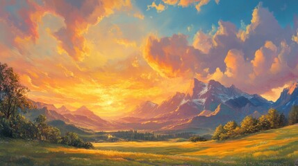 Golden Hour in the Majestic Mountains: A Serene Landscape Painting