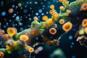 Fototapeta premium Generative AI illustration of microscopic bacterial forms showcasing vivid molecular structures and glowing effects