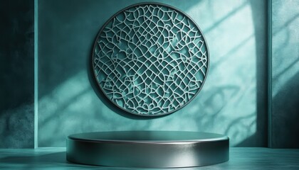 Elegant Teal Room Interior Design with Circular Metal Display Pedestal and Intricate Wall Decor
