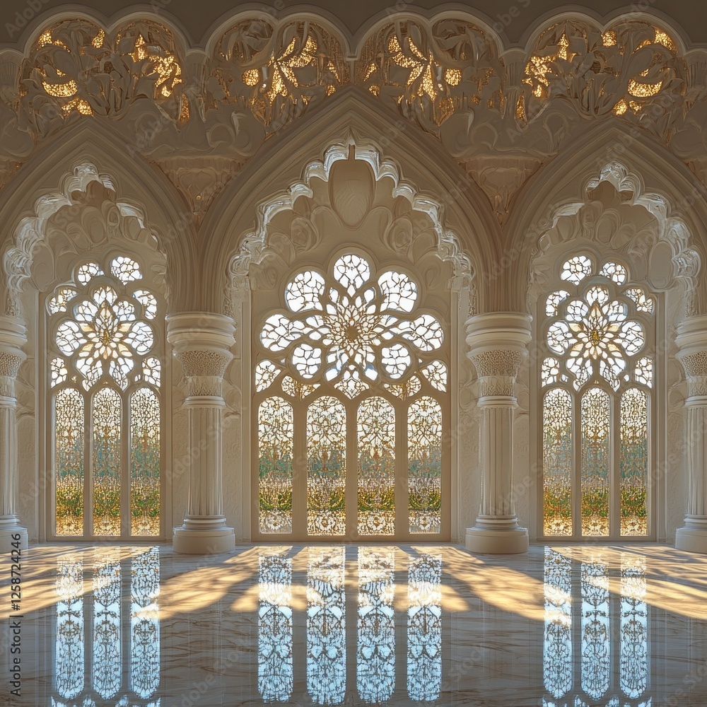 Poster Intricate arabesque patterns create mesmerizing shadows in a tranquil architectural setting. Sunlight filters through ornate windows, illuminating polished surfaces with a warm glow