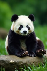 Obraz premium Fluffy panda resting on a rock, lush greenery backdrop, habitat, enclosure