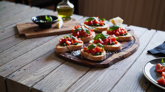A beautifully arranged plate of classic Italian bruschetta sits on a rustic wooden board, each slice of crusty toasted bread topped with a vibrant mixture of diced ripe tomatoes, fresh basil, and fine