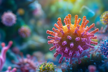 Generative AI illustration of microscopic bacterial forms showcasing vivid molecular structures and glowing effects