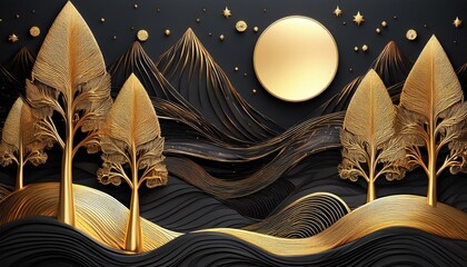  A 3D mural wallpaper with a night landscape with colorful mountains, golden moon, golden tre.
Generated image