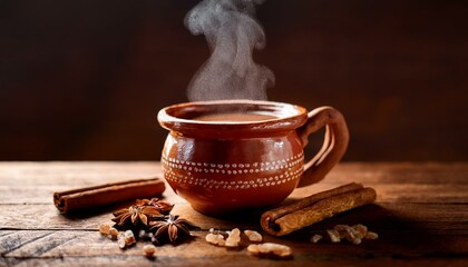Generated image. Café de olla mexicano en taza de barro con canela