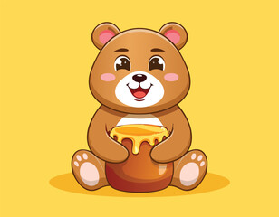 Cute Teddy Bear Eating Honey, or Bear Mascot Cartoon Character Animal, and Cute Bear Eating Honey Cartoon Vector.