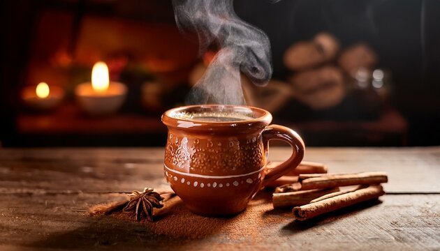 Generated image. Caf&eacute; de olla mexicano en taza de barro con canela