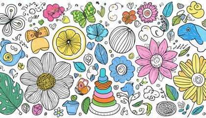 Children school, kindergarten vector doodle set. Cute daycare hand drawn flower, toy, animal elements. Childish cute preschool activity, education doodle background. perfect any project.