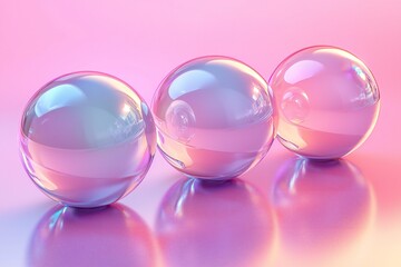 Three iridescent glass spheres on pink reflective surface abstract colorful shiny vibrant background