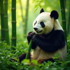 Obraz premium Giant pandas feast on bamboo stalks, sunlight dappled through leaves , tranquility, zoology
