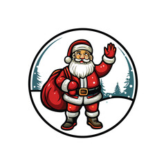 Obraz premium A jolly Santa Claus, wearing a red suit, broadly smiles, waving enthusiastically while holding a large, overflowing sack of gifts.