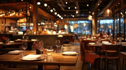 Elegant Restaurant Interior: Warm Lighting, Wooden Tables, and a Cozy Atmosphere