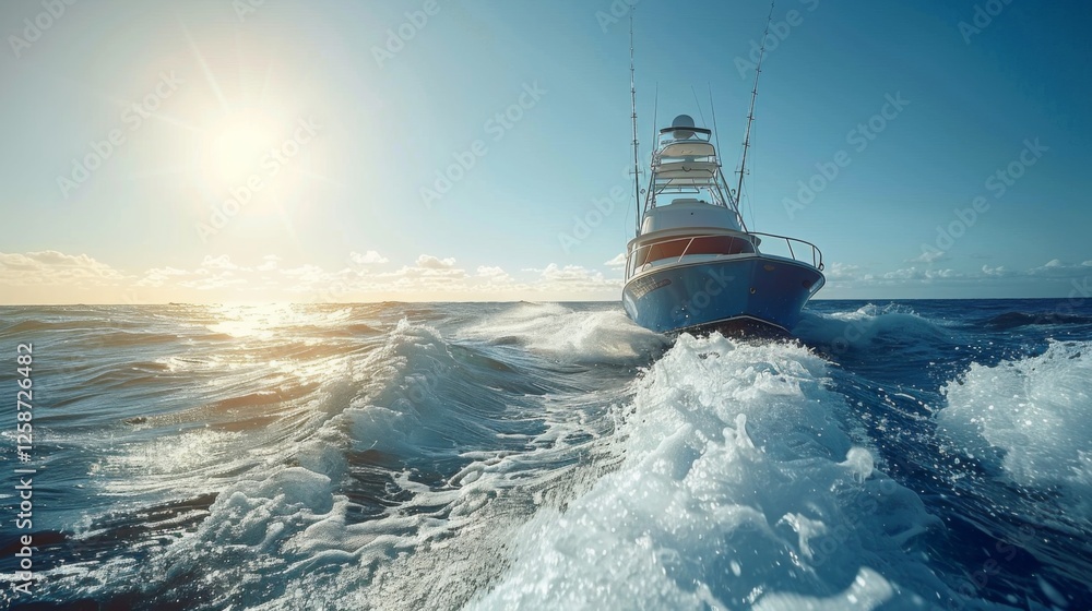 Poster a fishing boat moves steadily through the ocean, creating white frothy waves behind it while the sun